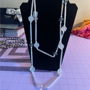 Vintage Daphne New York White Rose Lucite Bead Long Necklace